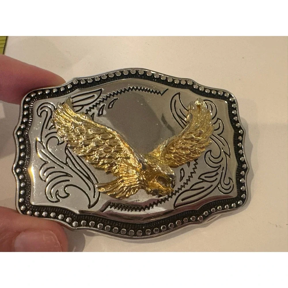 Western Soaring Eagle Belt Buckle Gold Silver Tone Scalloped Scrollwork Mens